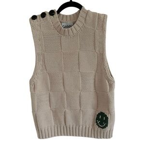 Ganni Beige Smiley Graphic Cable Knit Sweater Vest NWT Small